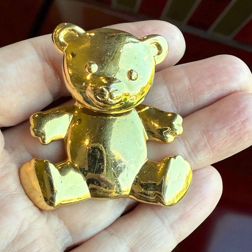 Vintage Movable Head Articulated Teddy Bear Brooch Pin Gold Tone Signed